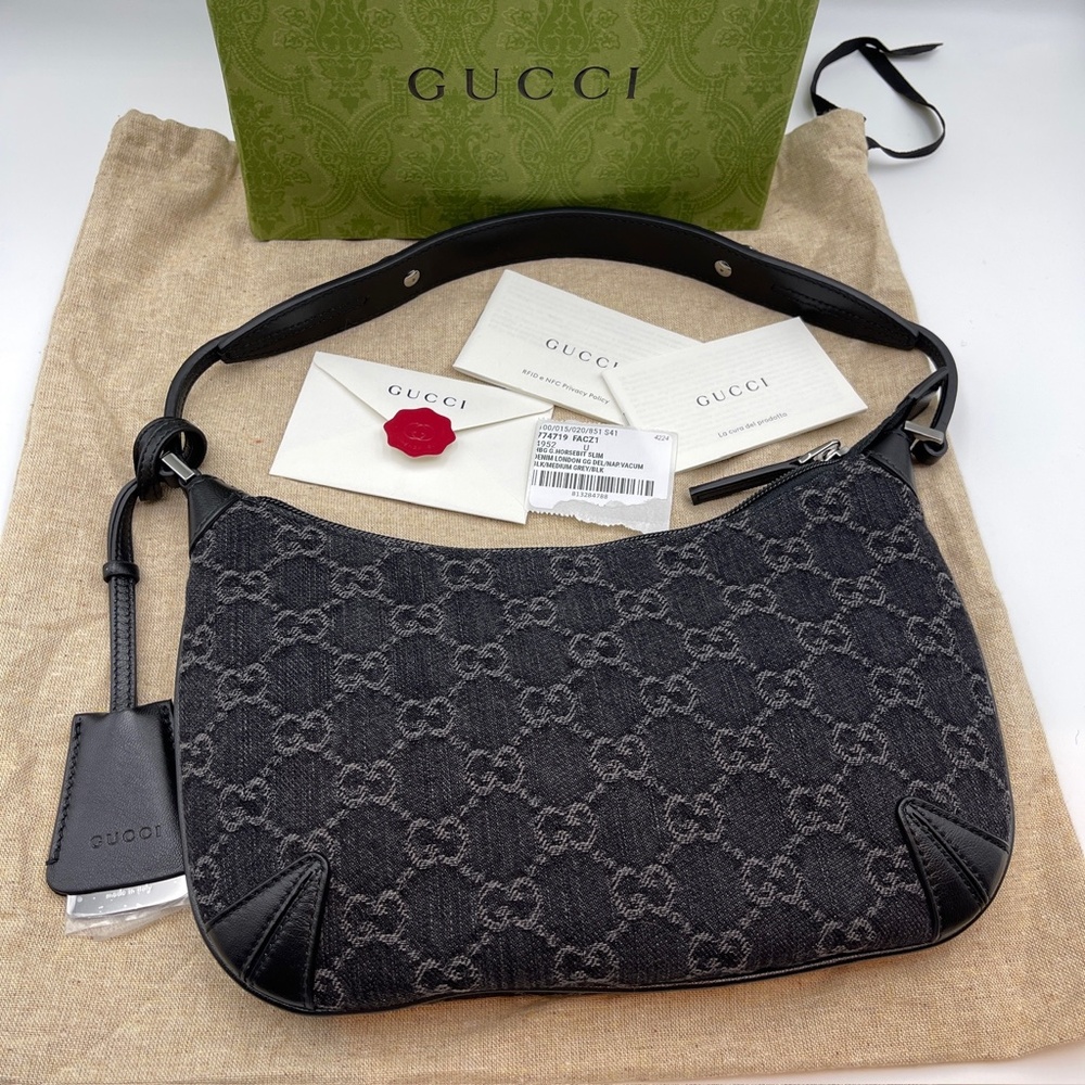 NEW GUCCI Jacquard Black Denim GG Monogram silver Horsebit Shoulder Bag Black